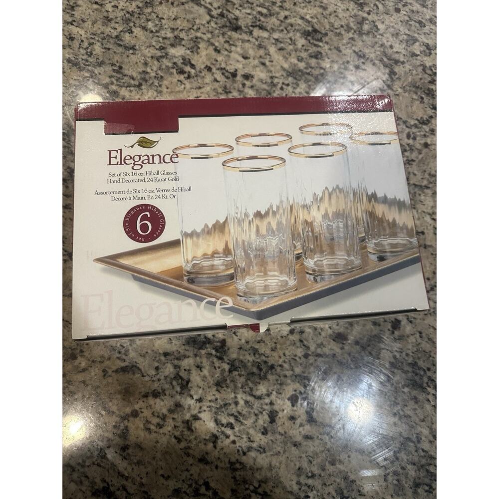 Home Essentials Set Of Six 24K Gold Rim Hiball Glasses 16 Oz Brand New